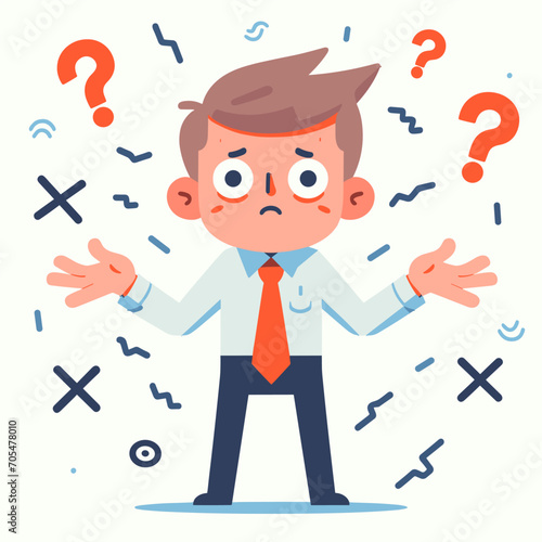 Flat vector cartoon illustration of unhappy, surprised, shocked, puzzled, making difficult choice young man spreading his arms. Concept of confusion, uncertainty, deadline, I don't know, insecurity.