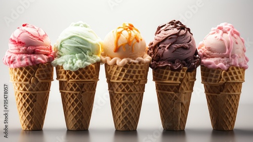 different types of ice cream in waffle cones