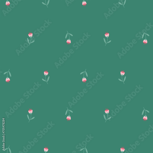 Floral Seamless Pattern of Sparse Pink Tiny Flowers on Viridian Green Background. Wallpaper Design for Textiles, Fabrics, Papers Prints, Fashion Backgrounds, Wrappings, Packaging.