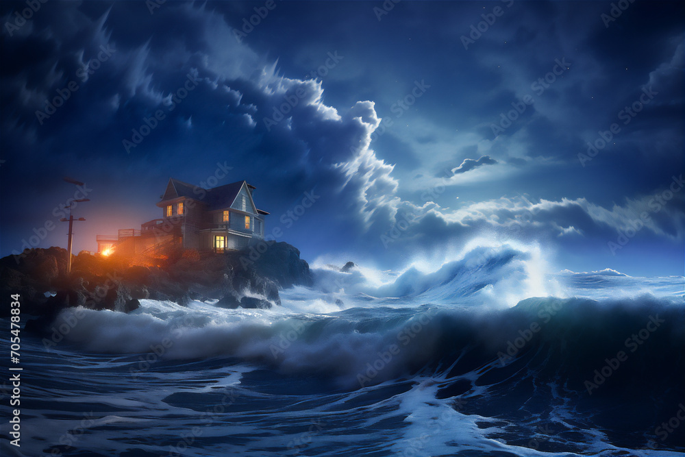  house in the edge of cliff with giant storm at the night