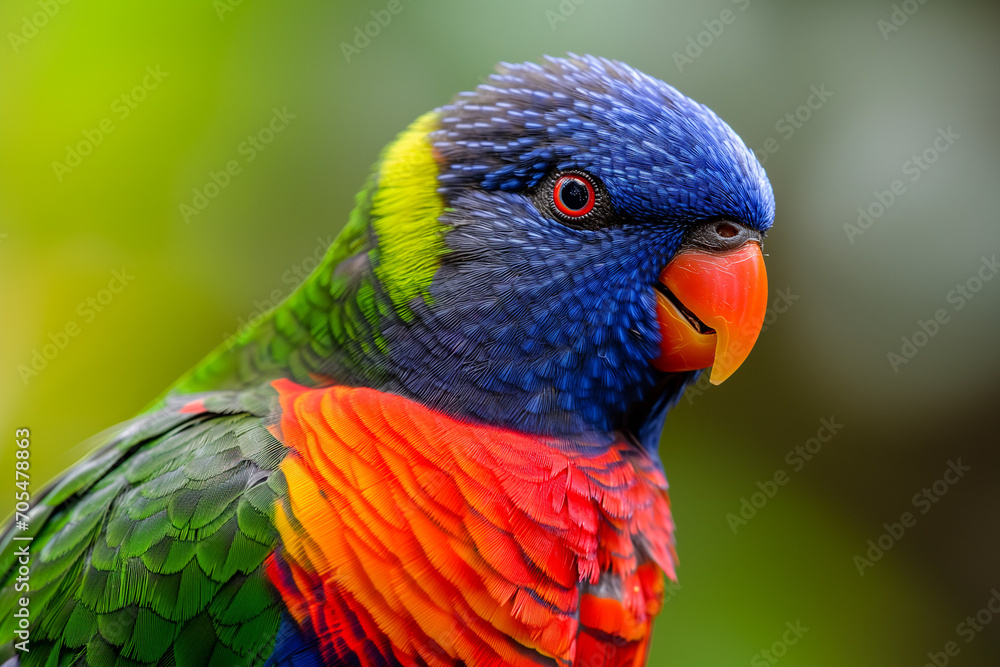 Naklejka premium A close-up portrait of a vividly colored lorikeet with a spectrum of rainbow feathers, focused intently against a soft green background.