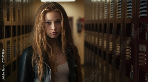Female high school student standing near lockers