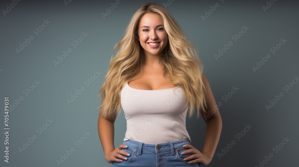 Fat woman in jeans, beautiful fat people smiling happily, fashion with chubby people Fat woman in jeans, beautiful fat people smiling happily, fashion with chubby people