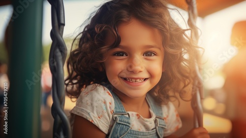 Child with swing, little boy smiling happily