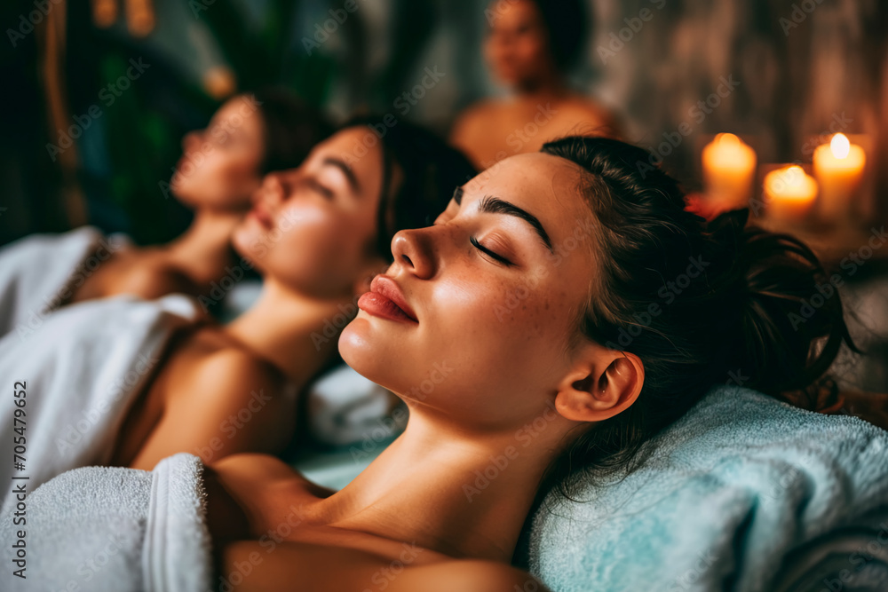 Gen Z friends indulging in a spa day, enjoying massages and facials, with ample copy space. Gen Z friends indulging in a spa day, enjoying massages and facials, with ample copy space.