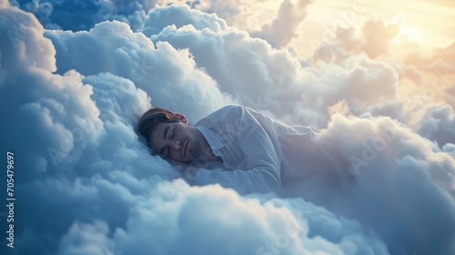 Man sleeping on a cloud, AI generated Image photo