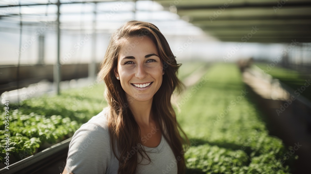 Portrait of a happy young female farmer at modern hydroponic farm. Portrait of a happy young female farmer at modern hydroponic farm.