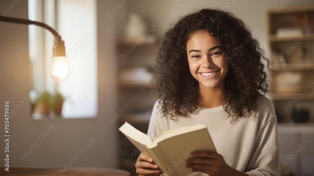 Portrait of a smiling teenage girl holding book at home Portrait of a smiling teenage girl holding book at home