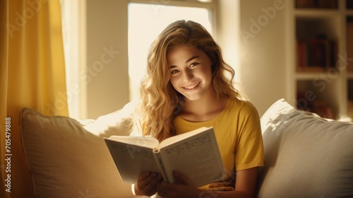 Portrait of a smiling teenage girl holding book at home 