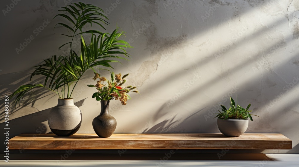 Gray walls with plants in vases form a shadow Gray walls with plants in vases form a shadow