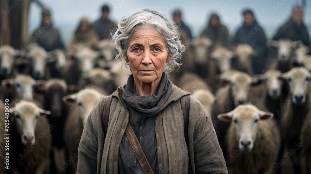 Portrait of Caucasian old gray-haired woman shepherd standing in barn