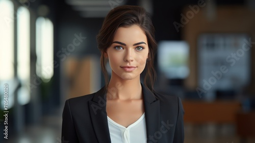 Portrait of a young businesswoman standing in the office, square face shape 