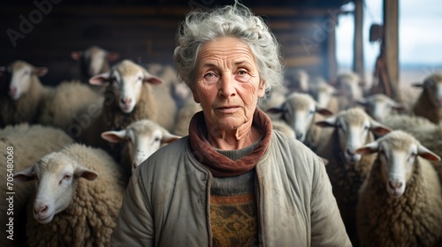 Portrait of Caucasian old gray-haired woman shepherd standing in barn photo