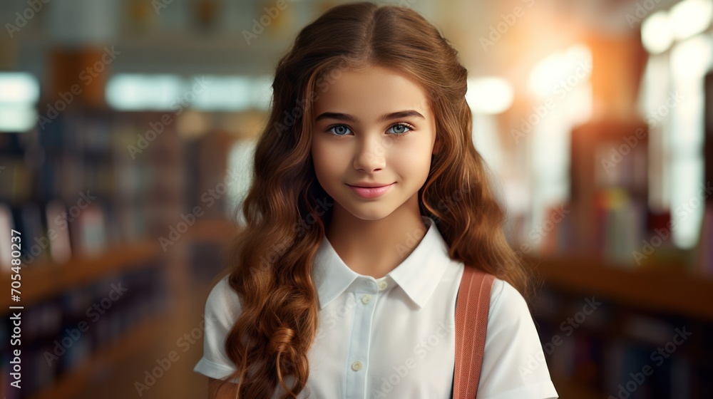 Portrait of cute schoolgirl at the library 