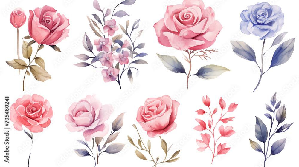 Watercolor elements pink, red and blue roses on a white background