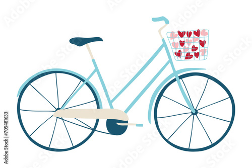 Hand Drawn Bicycle with Hearts in Basket. Cartoon Element for Valentines Day, Wedding and Love Concept Vector Illustration.