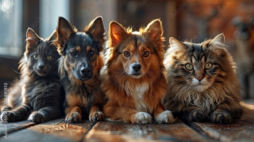 Various Fluffy Dog Cat Friends Sitting, Desktop Wallpaper Backgrounds, Background HD For Designer