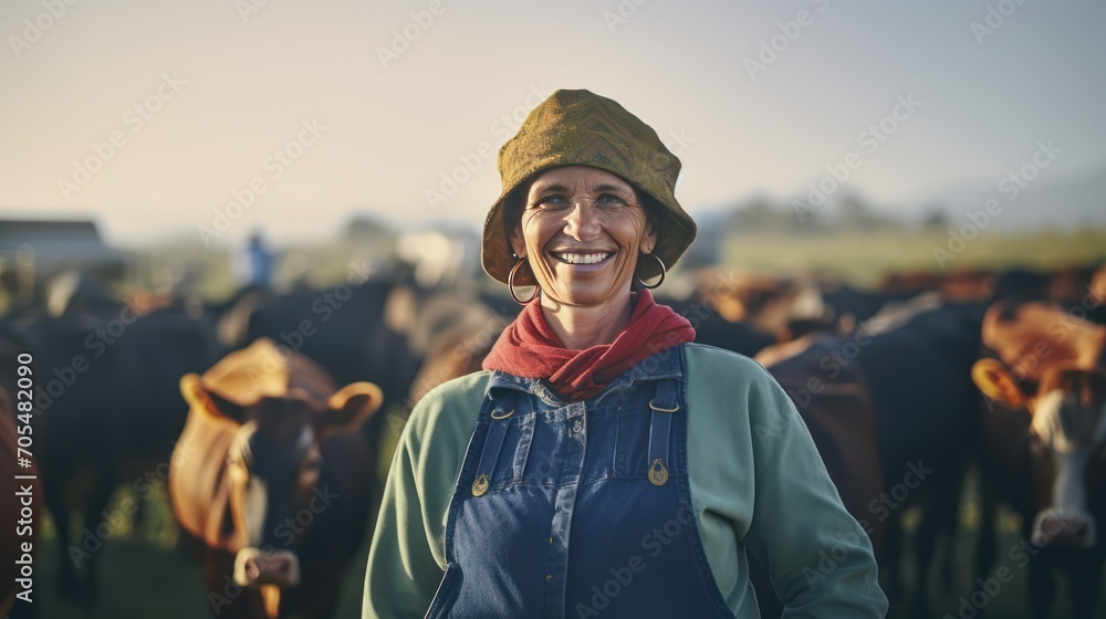 mature female proffesional farmer standing near cows 