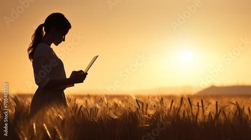 Silhouette of a woman businessman with a laptop in her hands works 