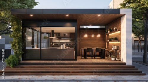 Small modern coffee shop, wooden exterior, realistic render.  photo