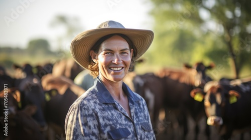 mature female proffesional farmer standing near cows 