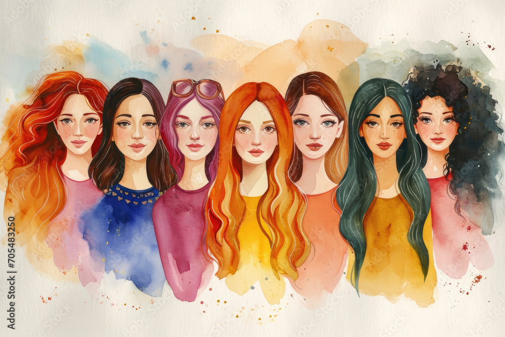 Happy women group for International Women’s day , watercolor style