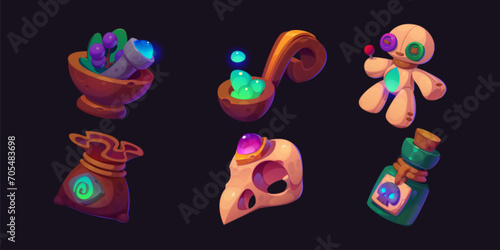 Wizard game icon set for rpg or halloween design. Magic witch staff - spiritual voodoo doll and bird skull with gem stone, potion in wooden spoon and glass bottle, herbs in bag and mortar with pestle.