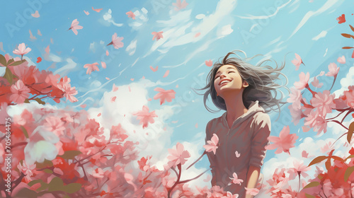 Joy of Spring: Woman Embracing the Blossom Breeze 