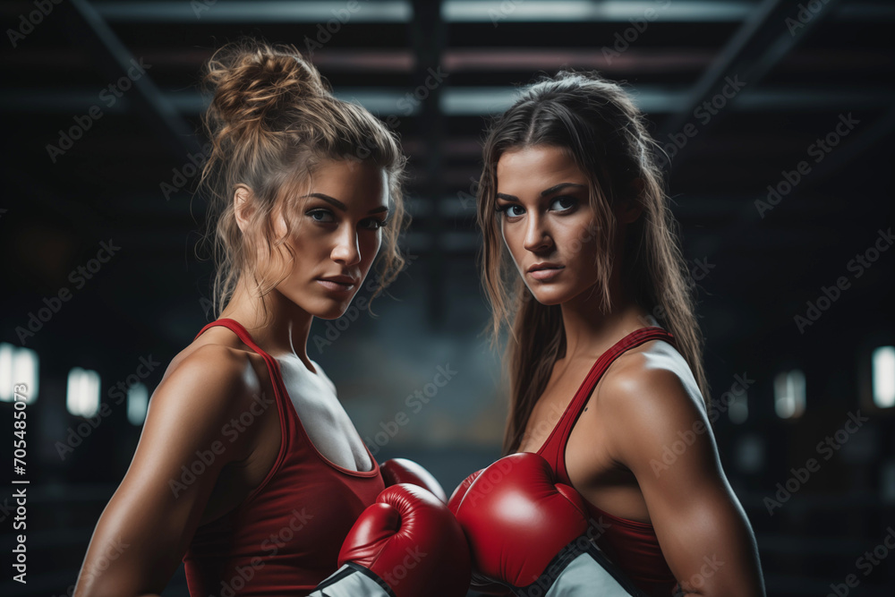 Boxer Young Woman with a Sparring Partner on a Ring Background