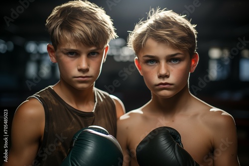 Boxer Boy with a Sparring Partner on a Gym Ring Background © imagemir
