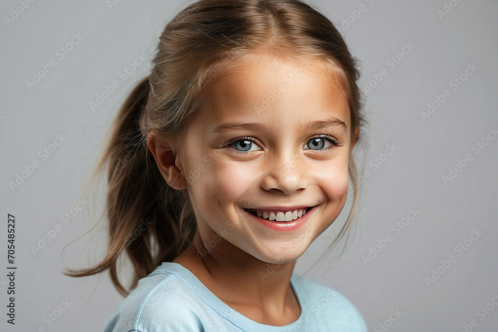 Studio portrait of a smiling young girl with blue eyes and blonde hair. Isolated on a plain background. Studio portrait of a smiling young girl with blue eyes and blonde hair. Isolated on a plain background.