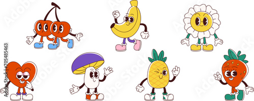 Retro groovy cartoon characters of fruits and flowers. Vector set of cute daisy and mushroom, banana and strawberry, cherry and pineapple, heart with funny face emotions and poses for vintage design.