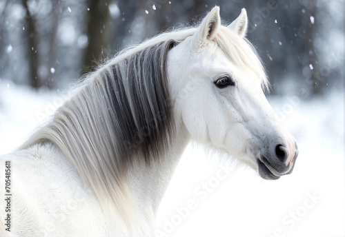 White Welsh pony portrait in a winter landscape © Tuan