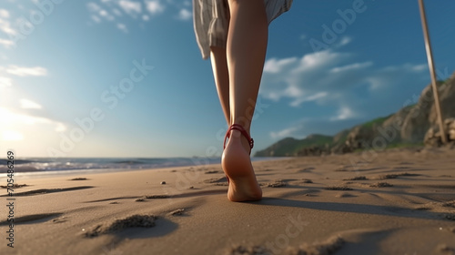 Barefoot Sands: Close-up of barefoot woman's feet along the shore 