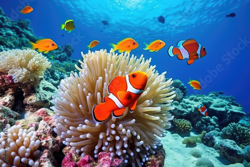Clown fish swimming on anemone underwater reef background, Colorful Coral reef landscape in the deep of ocean. Marine life concept, Underwater world scene.