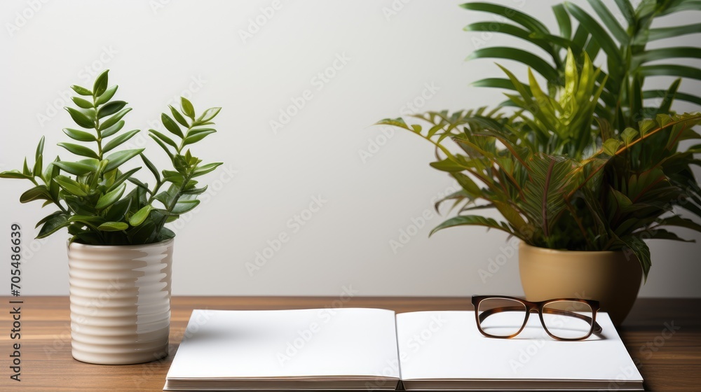 Office desk table with empty notebook, and coffee cup. Top view