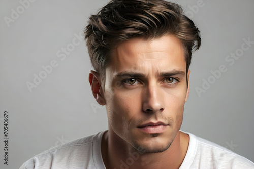 Studio portrait of a handsome young white man looking serious. For advertisements and web design. 