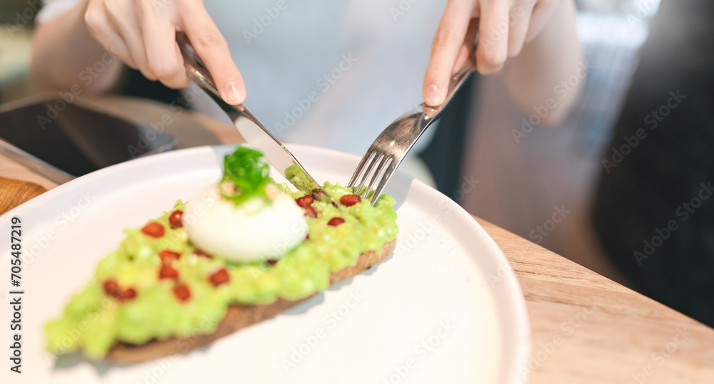 Guacamole avocado healthy food and asian woman background at indoor restaurant on day