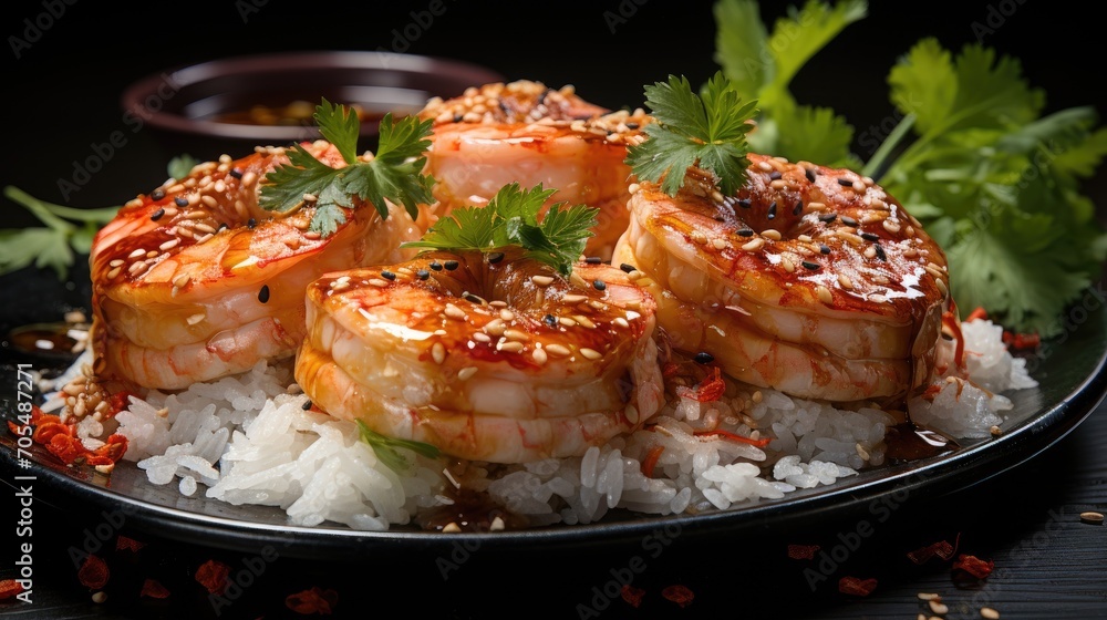 Sushi and fried garlic prawns, prawns on stone plate Sushi and fried garlic prawns, prawns on stone plate