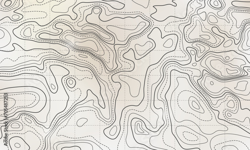 Ocean bottom topographic line map curvy wave isolines vector illustration. Sea depth topographic landscape surface for nautical radar readings. Cartography texture abstract banner relief ocean floor.