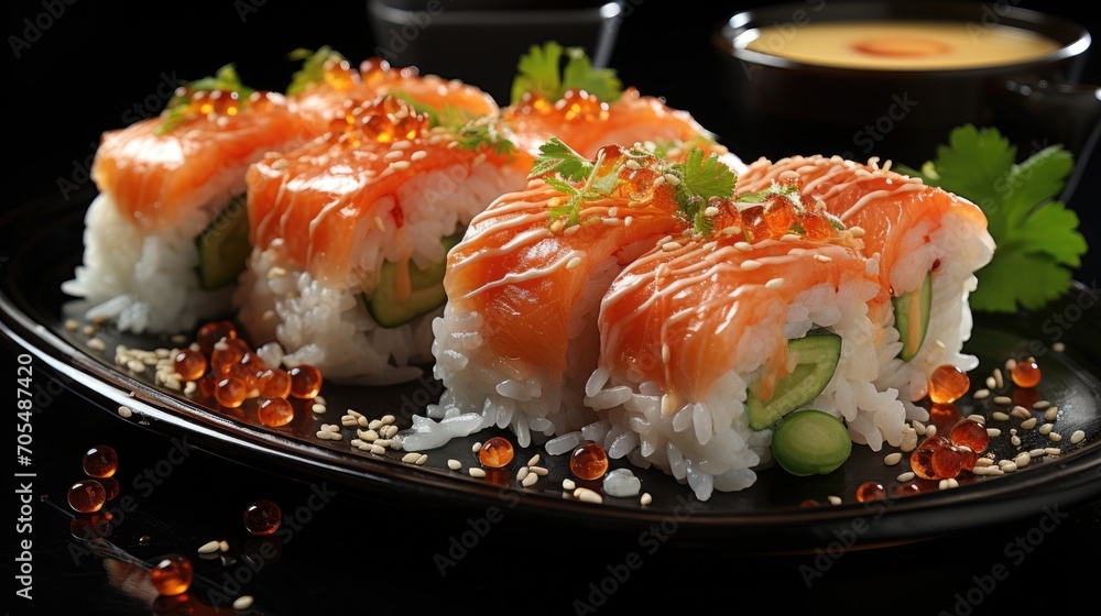 Sushi pieces on black background. Popular sushi food. Sushi pieces on black background. Popular sushi food.