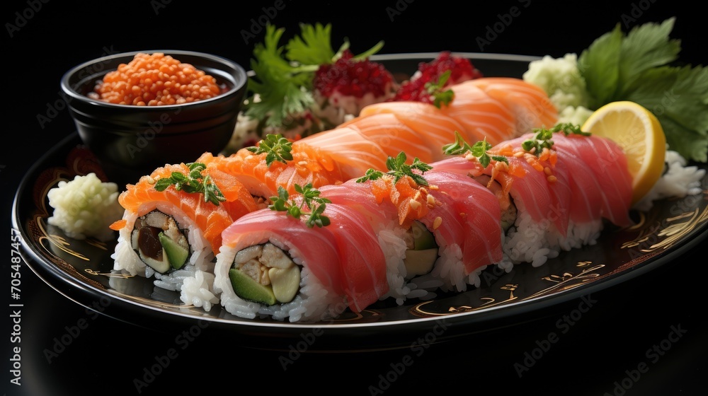 Sushi pieces on black background. Popular sushi food. Sushi pieces on black background. Popular sushi food.