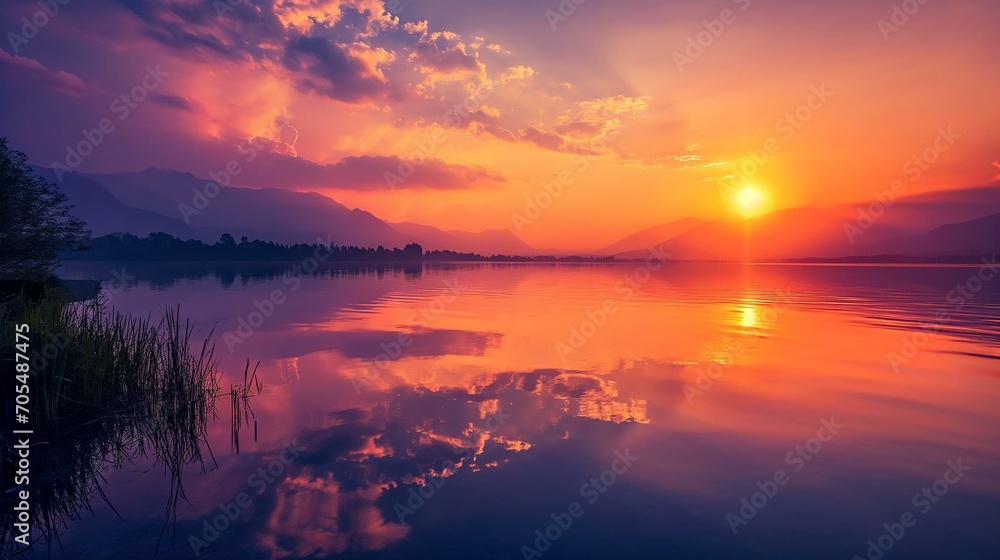 pink sunset on the lake