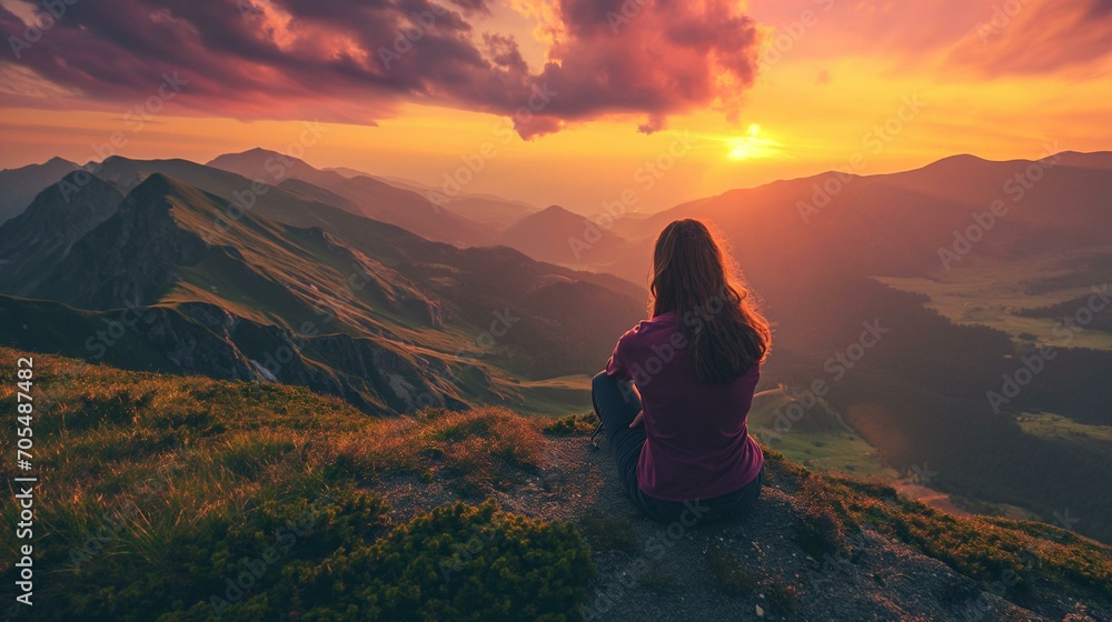 lady overlooking sunset in the mountains - obrazy, fototapety, plakaty 