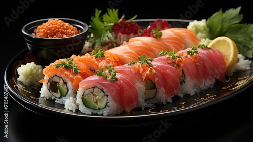 Sushi pieces on black background. Popular sushi food.