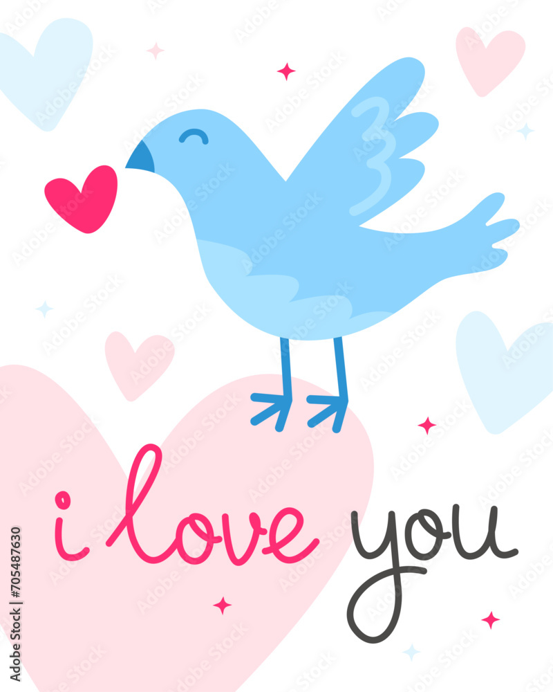 Valentine's Day card. Cute blue dove with a pink heart. The inscription Valentine's Day card. Cute blue dove with a pink heart. The inscription