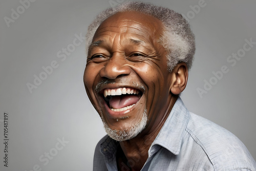 Studio portrait of an elderly black man laughing. 