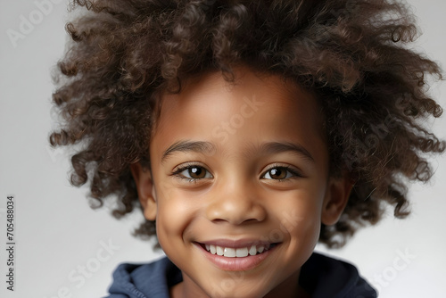 Studio closeup image of a cute black boy with a big afro hairstyle smiling.