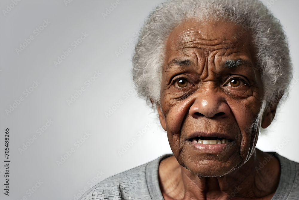Portrait of an elderly black woman with grey hair and concerned expression on her face. Portrait of an elderly black woman with grey hair and concerned expression on her face.