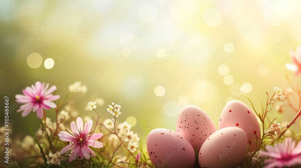 Beautiful Easter background with vibrant eggs set against a pastel palette, enhanced by enchanting light effects and a gentle blur, providing ample copy space Beautiful Easter background with vibrant eggs set against a pastel palette, enhanced by enchanting light effects and a gentle blur, providing ample copy space